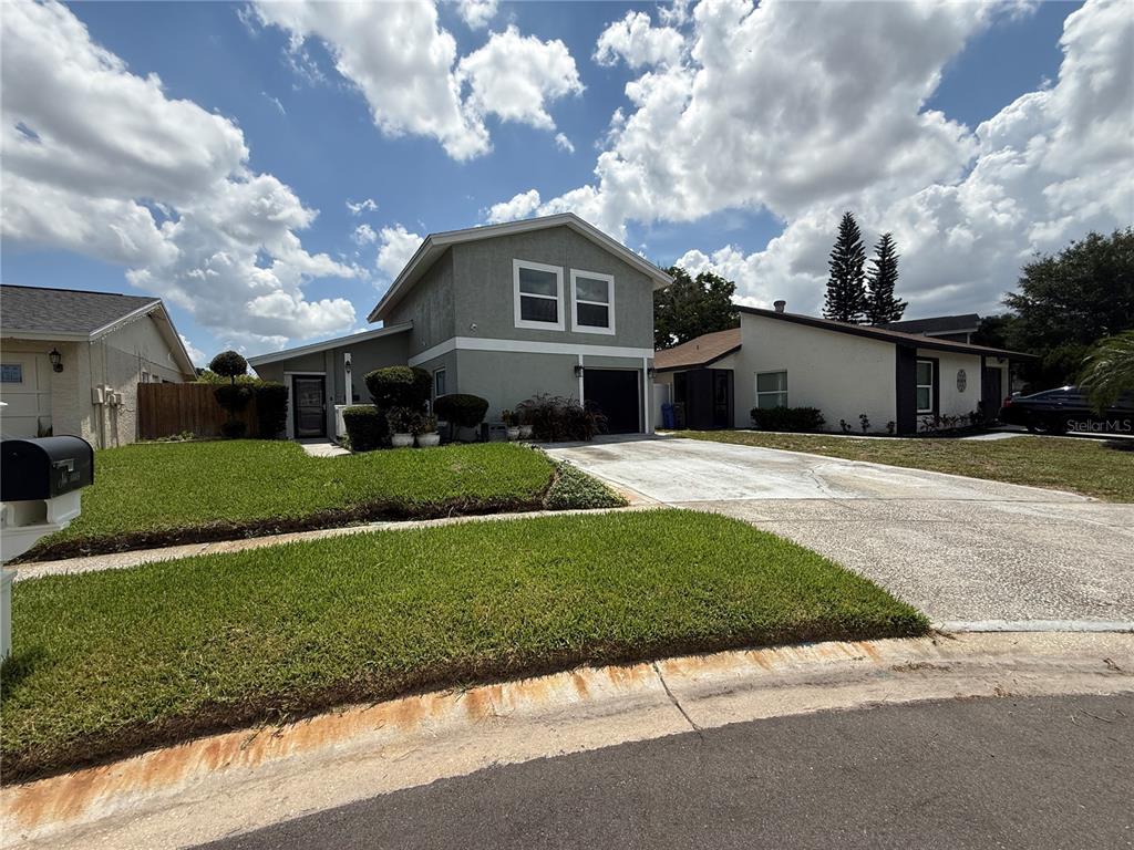 A two-story house with a gray exterior, a concrete driveway, and a green lawn — 10009 REGAL WOODS LANE, TAMPA, FL