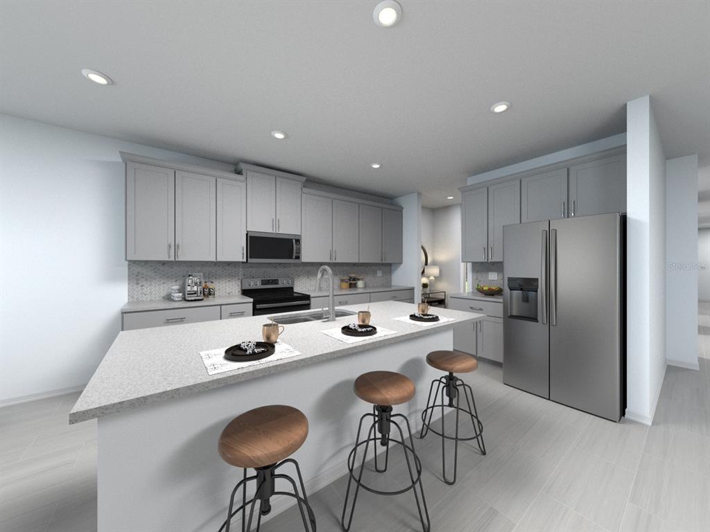 This is a rendering of a modern kitchen featuring gray cabinetry, stainless steel appliances, and an island — 1697 COOLRIDGE PLACE, ZEPHYRHILLS, FL