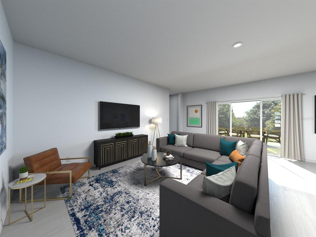 This is a digital rendering of a modern living room featuring a sectional sofa and television — 1697 COOLRIDGE PLACE, ZEPHYRHILLS, FL