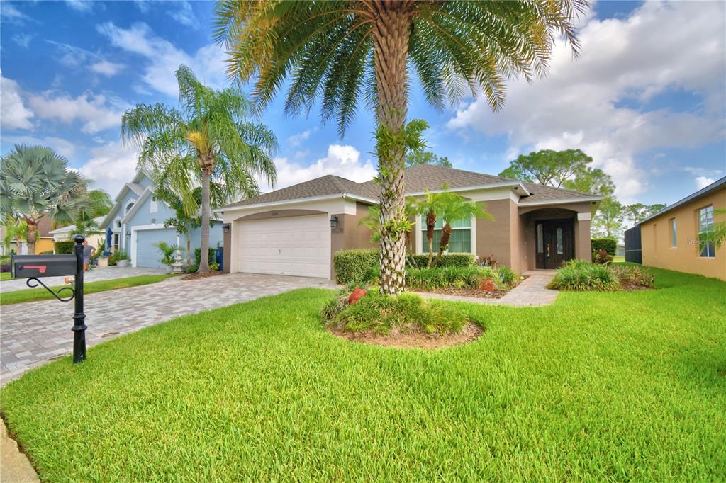 A single-story house with a tan exterior, a paved driveway, and a large palm tree — 3034 BARBADOS LANE, HAINES CITY, FL
