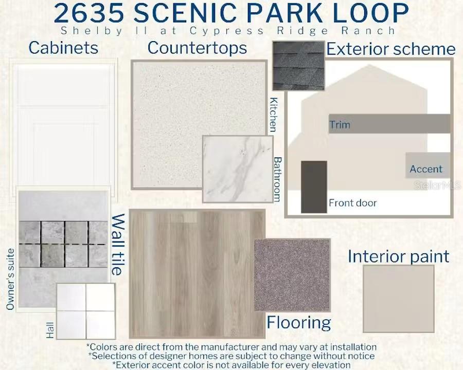 This design board displays interior finishes, including cabinetry, countertops, flooring, wall tiles, and exterior colors — 2635 SCENIC PARK LOOP, WIMAUMA, FL