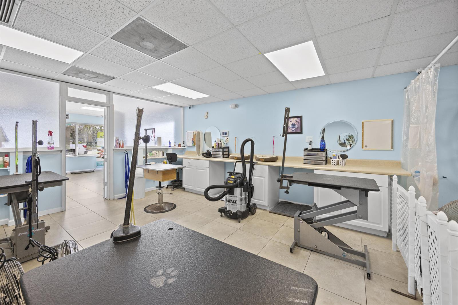 A pet grooming salon features multiple hydraulic tables, a vacuum, and light blue walls — 101 NE 2nd Avenue, Deerfield Beach FL 33441, DEERFIELD BEACH, FL