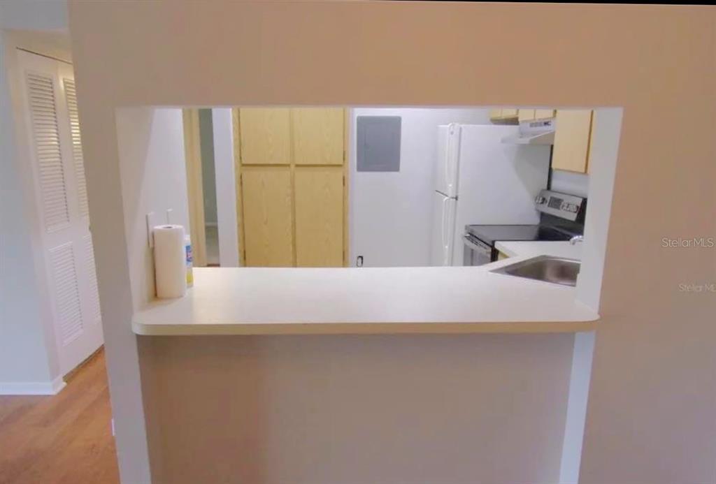 A view through a kitchen pass-through window looking toward a refrigerator and cabinets — 1344 PINE RIDGE CIRCLE E UNIT E3, TARPON SPRINGS, FL