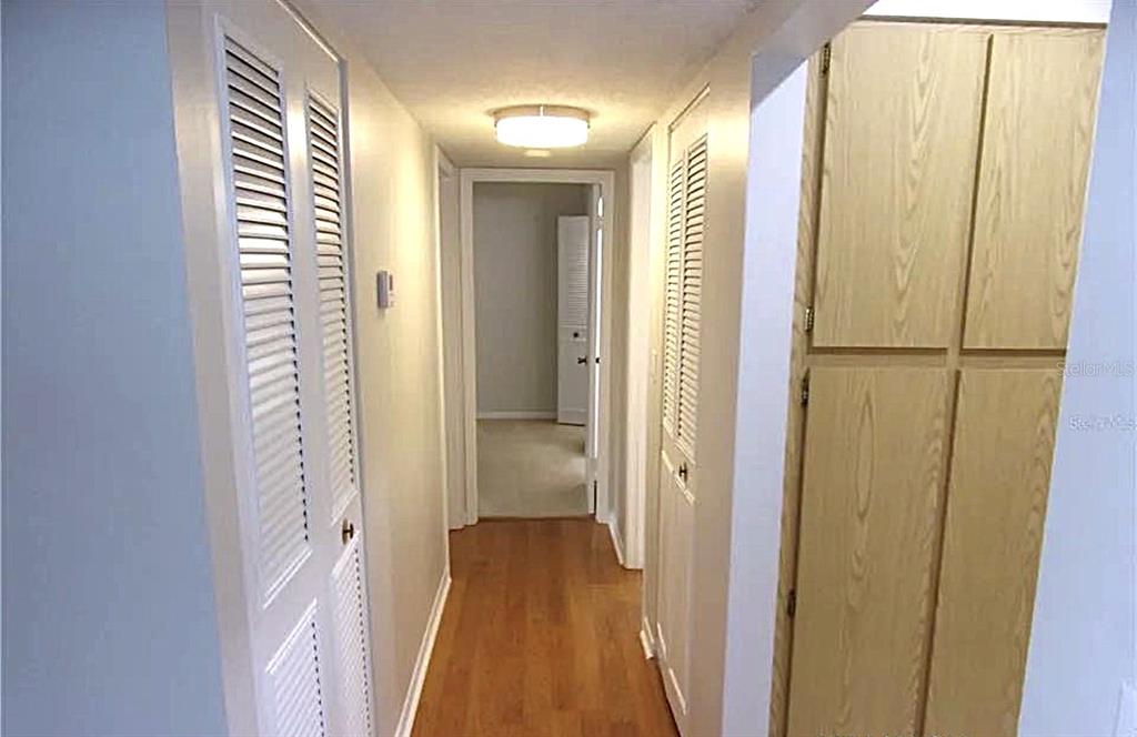 A hallway features wood-look flooring, white louvered closet doors, and a tall wooden cabinet — 1344 PINE RIDGE CIRCLE E UNIT E3, TARPON SPRINGS, FL