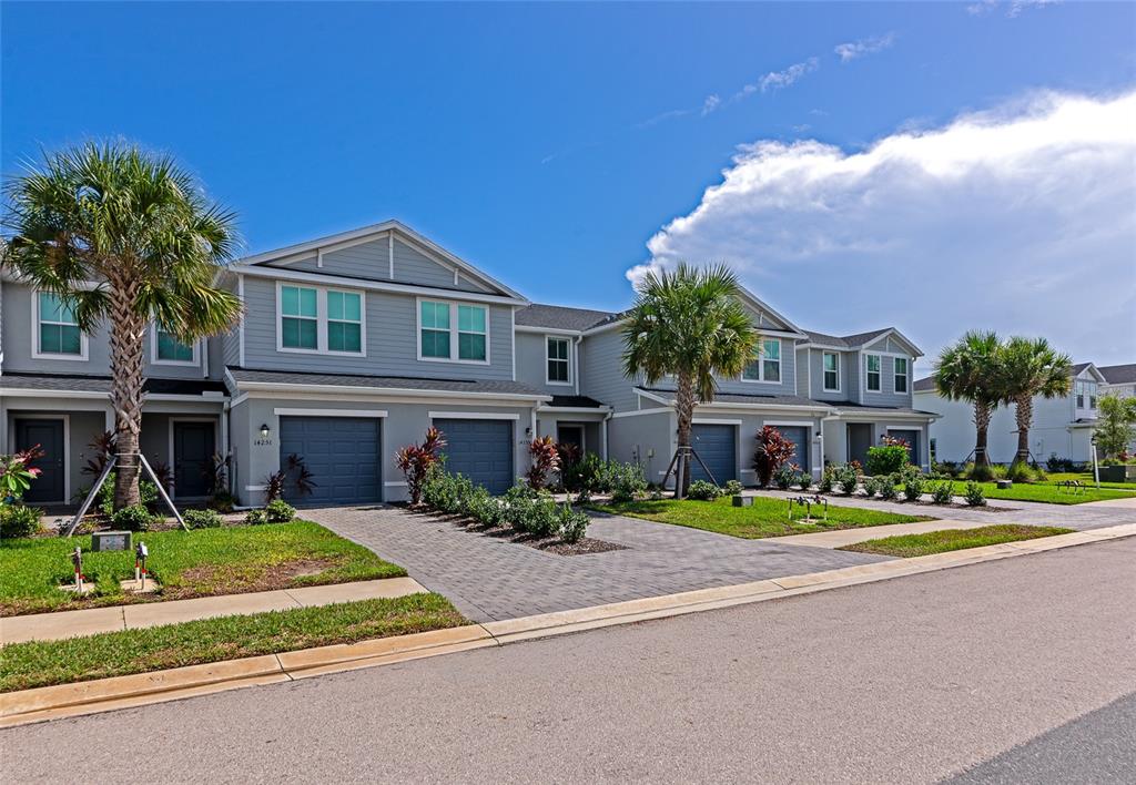 A row of gray townhouses with attached garages and palm trees under a blue sky — 14251 LILAC SKY TERRACE, BRADENTON, FL