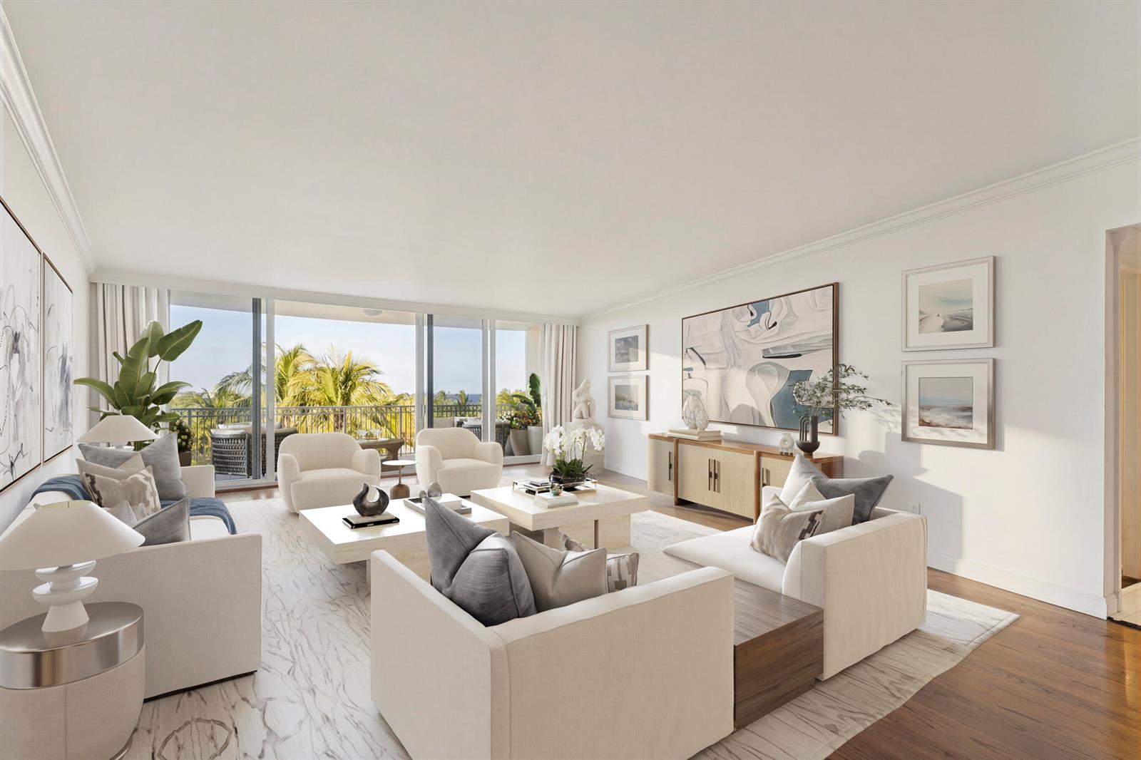 A bright living room features white sofas, two coffee tables, and a balcony with palm trees — 100 Royal Palm Way # G5, Palm Beach FL 33480, PALM BEACH, FL