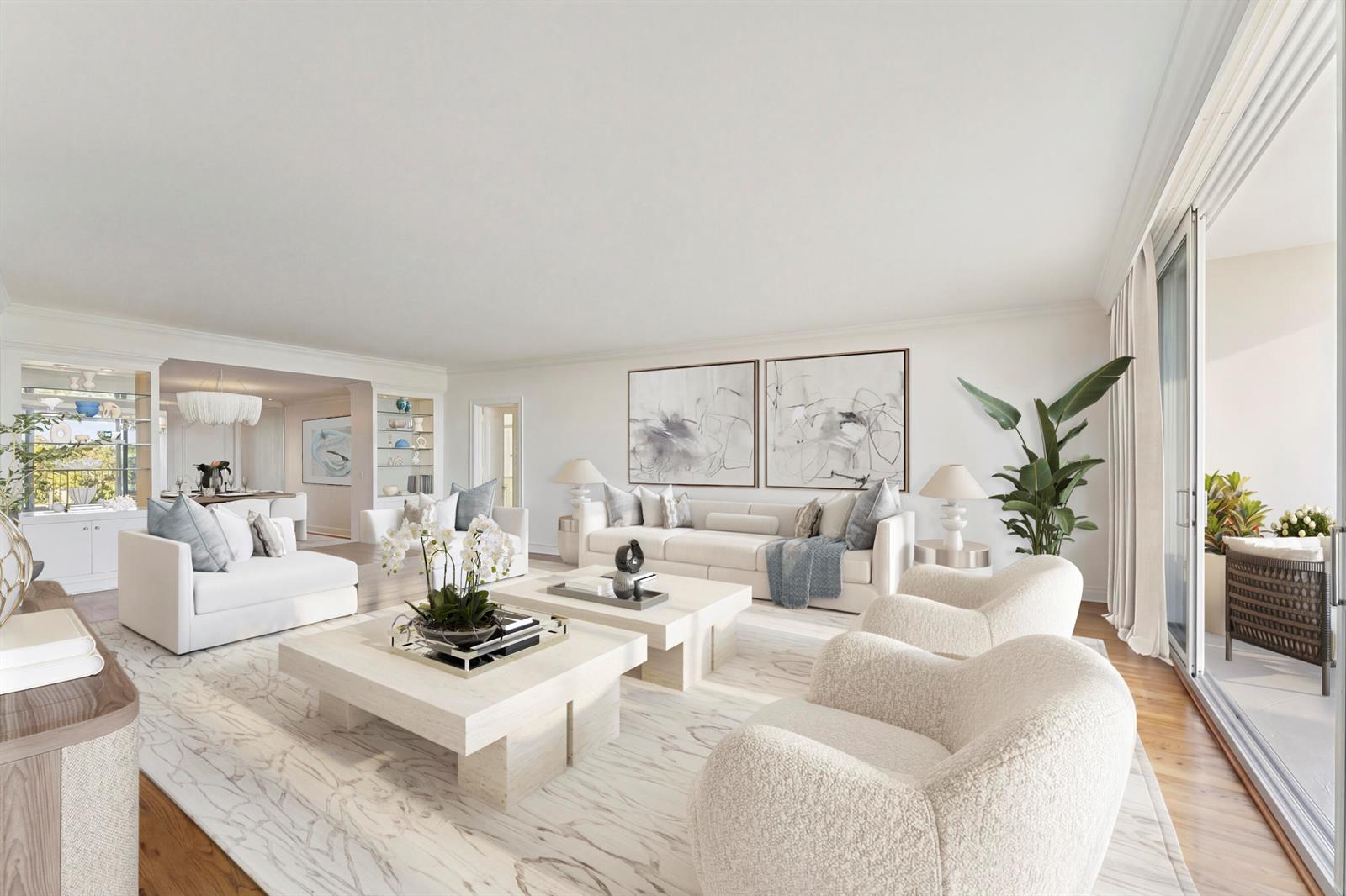 A bright, modern living room features white sofas, two coffee tables, and a balcony view — 100 Royal Palm Way # G5, Palm Beach FL 33480, PALM BEACH, FL