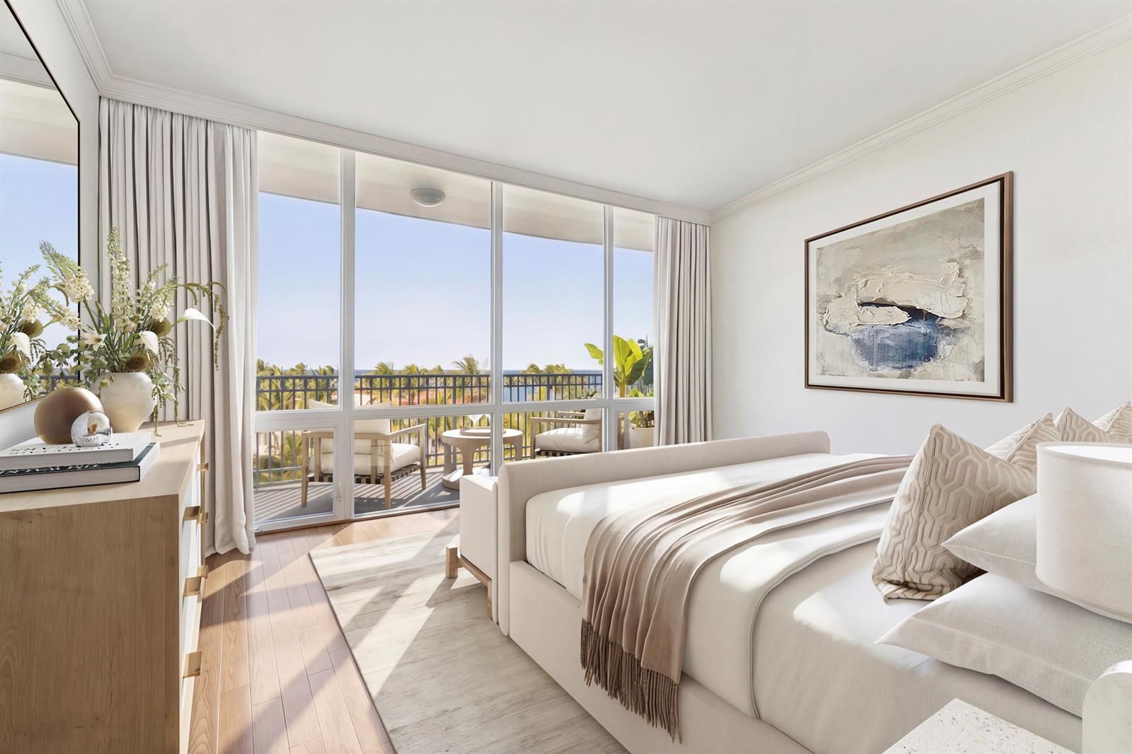 A bright bedroom features a king bed, wood flooring, and floor-to-ceiling windows overlooking a balcony — 100 Royal Palm Way # G5, Palm Beach FL 33480, PALM BEACH, FL