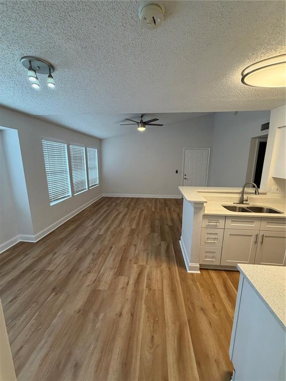 An open-concept living area features light wood-look flooring, a ceiling fan, and a kitchen peninsula — 11520 WESTWOOD UNIT 527, ORLANDO, FL