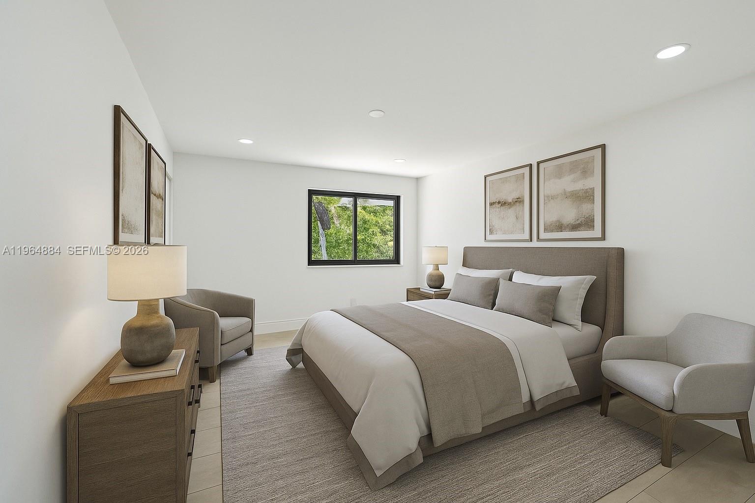 This is a rendering of a bedroom featuring a bed, two chairs, and a dresser — 7340 Andorra Pl, Boca Raton FL 33433, BOCA RATON, FL