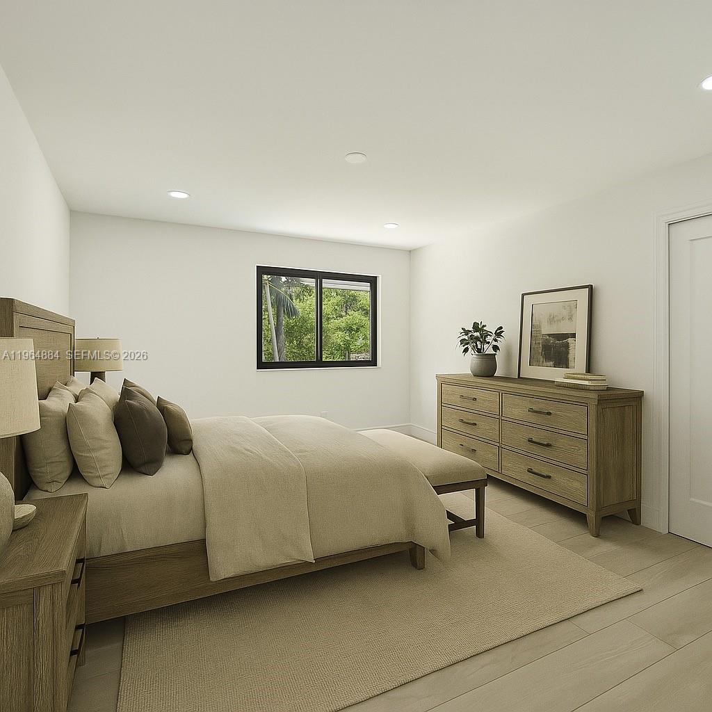 This is a digital rendering of a modern bedroom with light wood furniture and flooring — 7340 Andorra Pl, Boca Raton FL 33433, BOCA RATON, FL