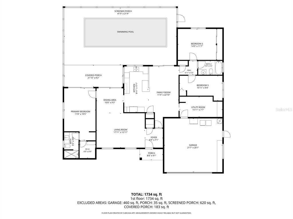 This is a floor plan of a house featuring a swimming pool and screened porch — 12407 WEATHERSTONE ROW, HUDSON, FL