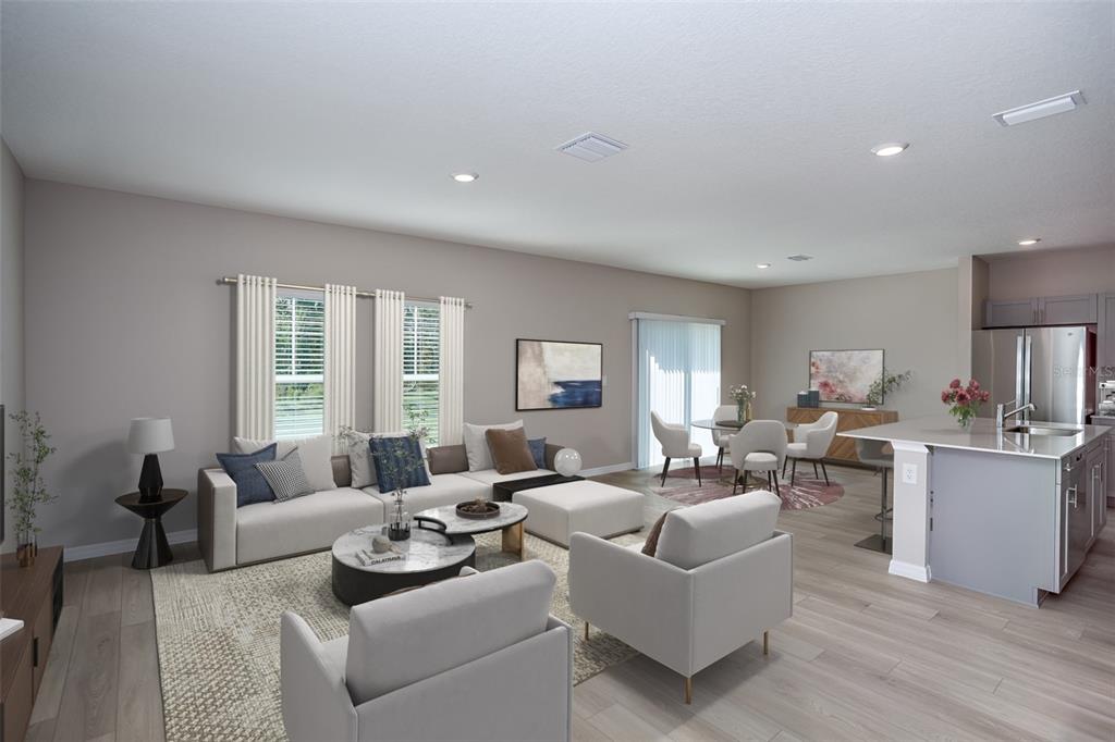 This is a digital rendering of an open-concept living room and kitchen with neutral decor — 1743 VANILLA STREET, HAINES CITY, FL
