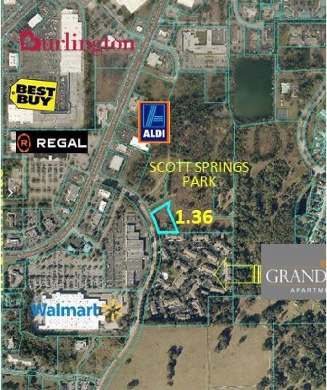An aerial map shows a 1.36-acre plot of land located near Scott Springs Park — 2911 SW 24TH AVENUE, OCALA, FL
