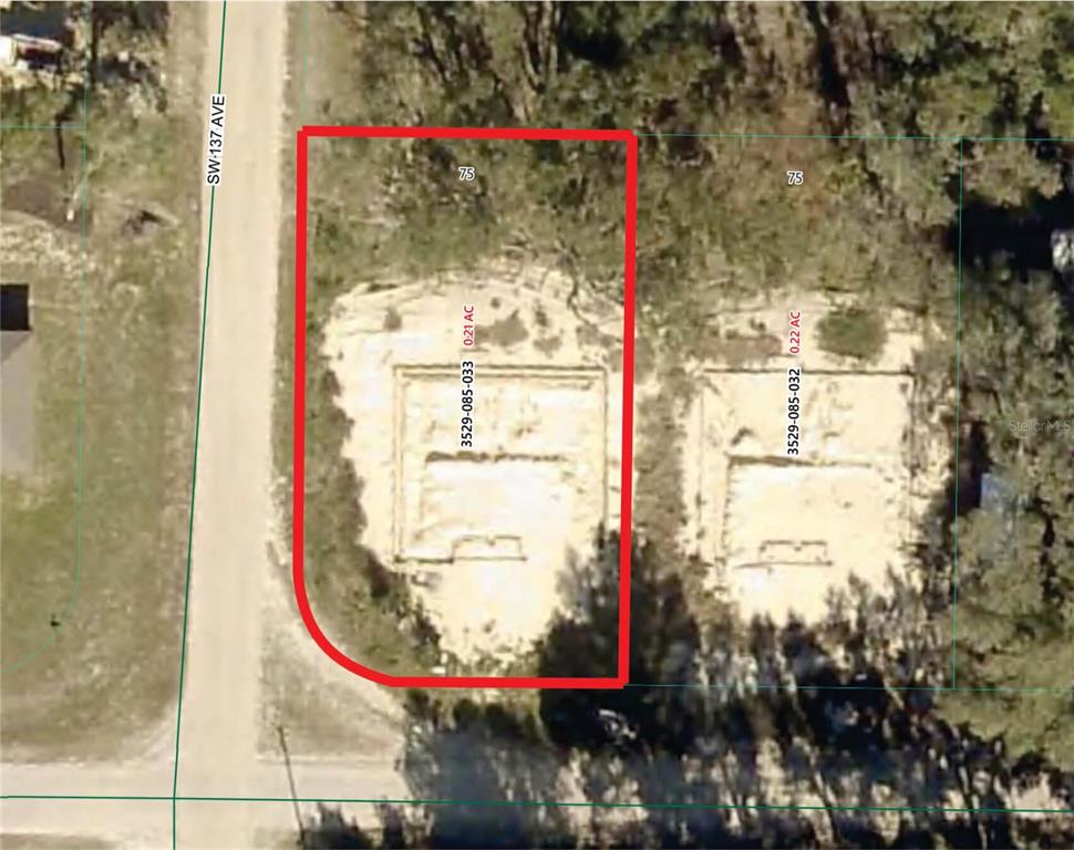 This aerial map shows two adjacent vacant lots with building foundations on a residential street — 13691 SW 102ND PLACE, DUNNELLON, FL