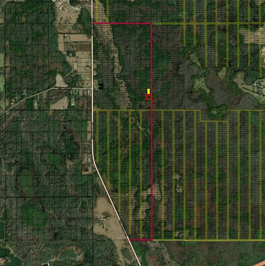 This map shows a large, rectangular parcel of land outlined in red near a road — 0 Old Grade Road, FL 33868, FL
