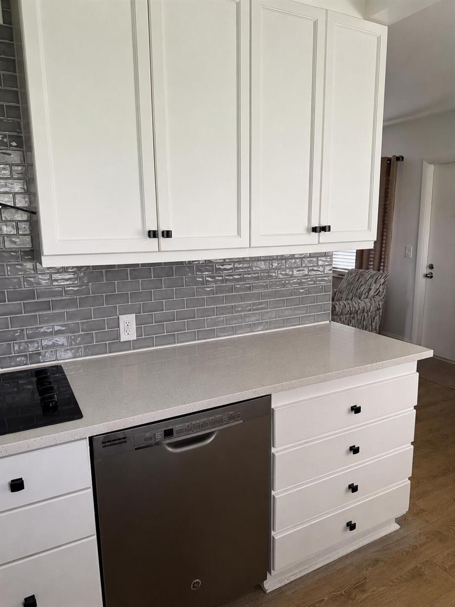 A kitchen features white cabinets, a gray subway tile backsplash, and a stainless steel dishwasher — 256 Preston G, Boca Raton FL 33434, BOCA RATON, FL