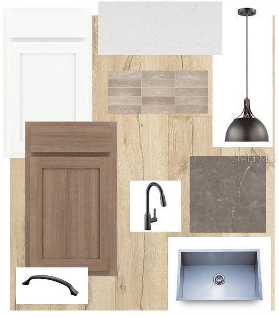 This is a design board showing kitchen finish samples, including cabinetry, hardware, flooring, and fixtures — 314 STETSON RISE COURT, PLANT CITY, FL