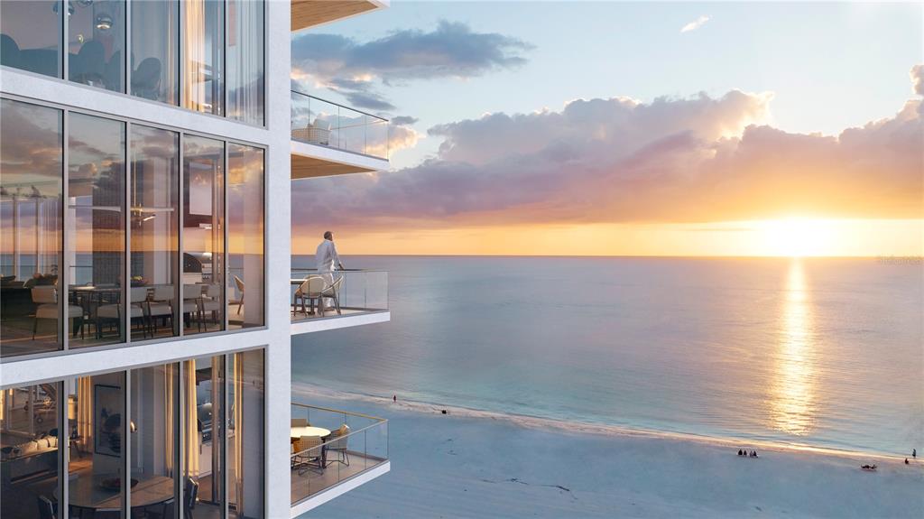 This architectural rendering shows a modern high-rise building with balconies overlooking a beach at sunset — 1000 BENJAMIN FRANKLIN DRIVE UNIT 404, SARASOTA, FL