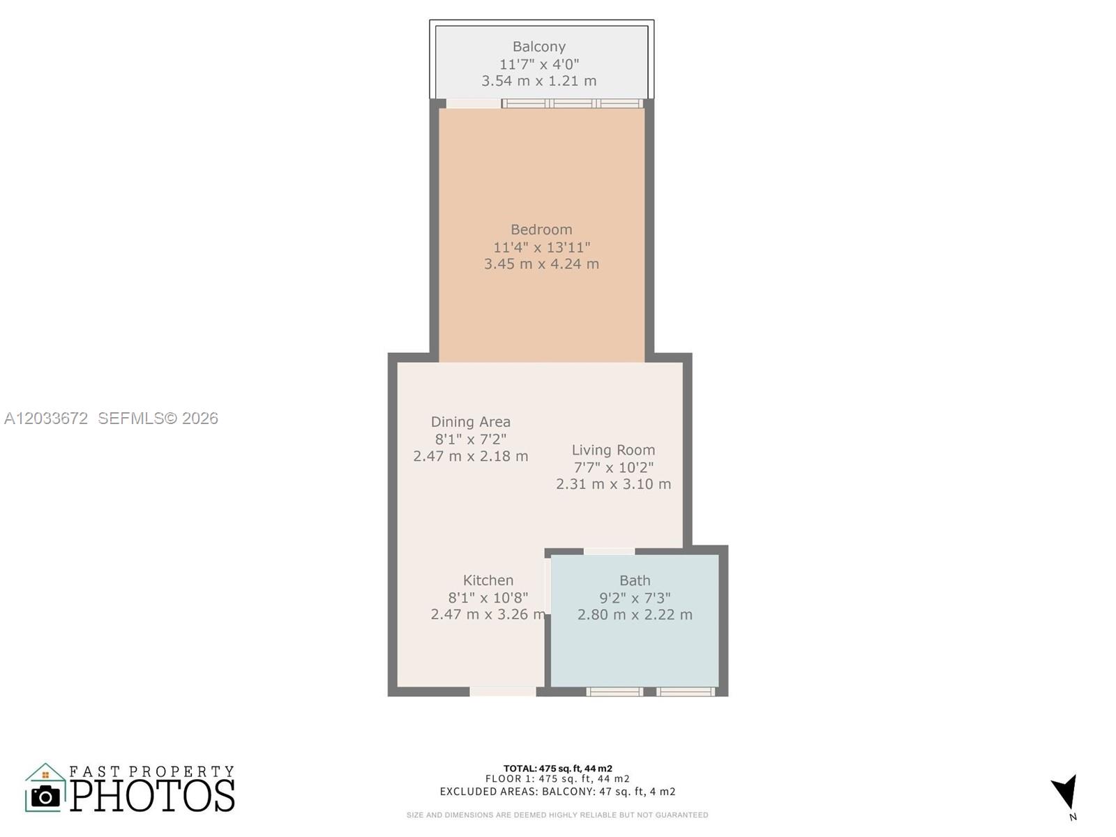 This is a floor plan for a one-bedroom apartment with a balcony — 1052 Ocean Dr # C203, Miami Beach FL 33139, MIAMI BEACH, FL