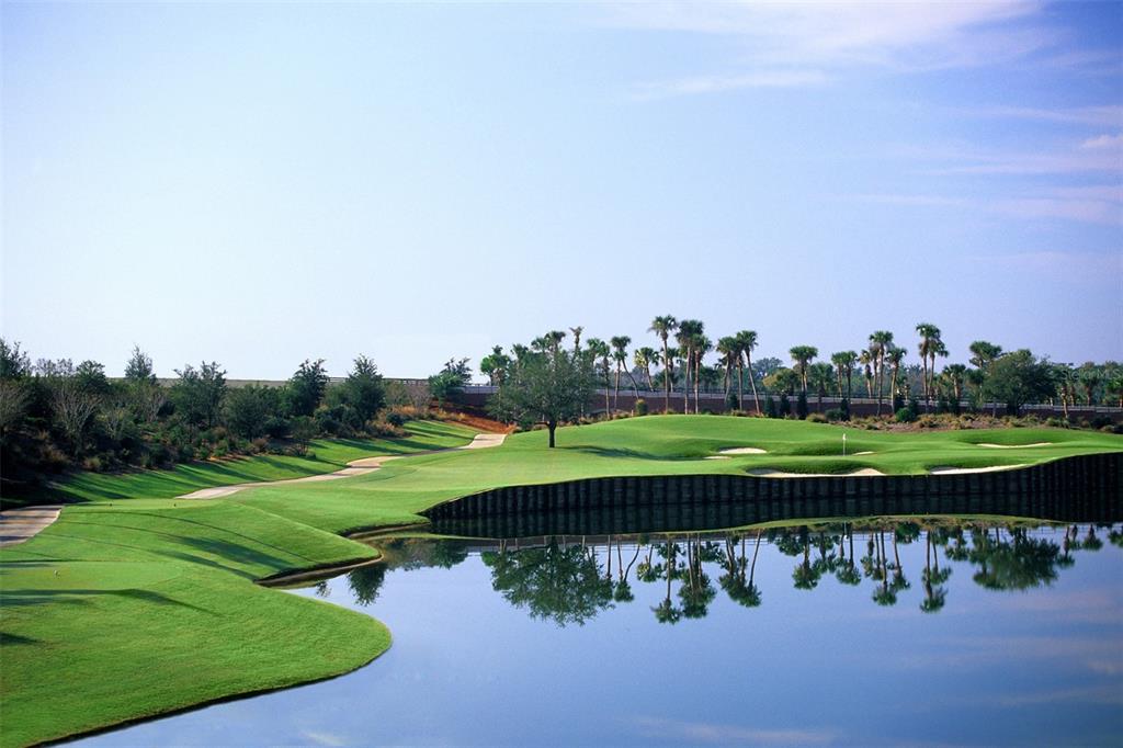 A golf course green sits beside a large pond with palm trees in the background — 7917 NW SPECTRUM DRIVE, KISSIMMEE, FL