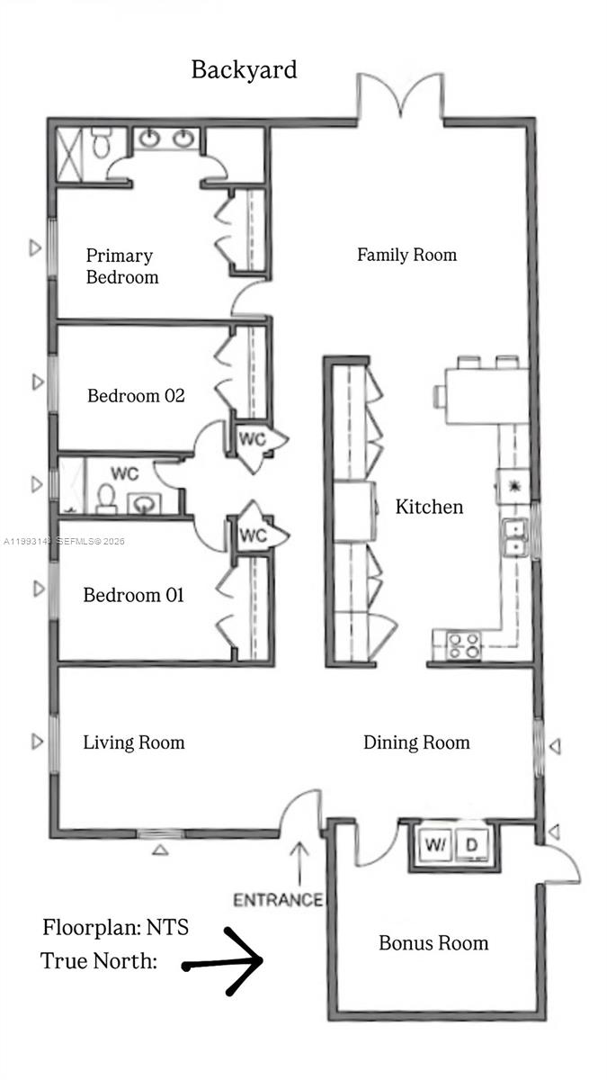 This is a floor plan showing a house layout with three bedrooms and a kitchen — 2194 SW 57th Ct # 2194, Miami FL 33155, MIAMI, FL
