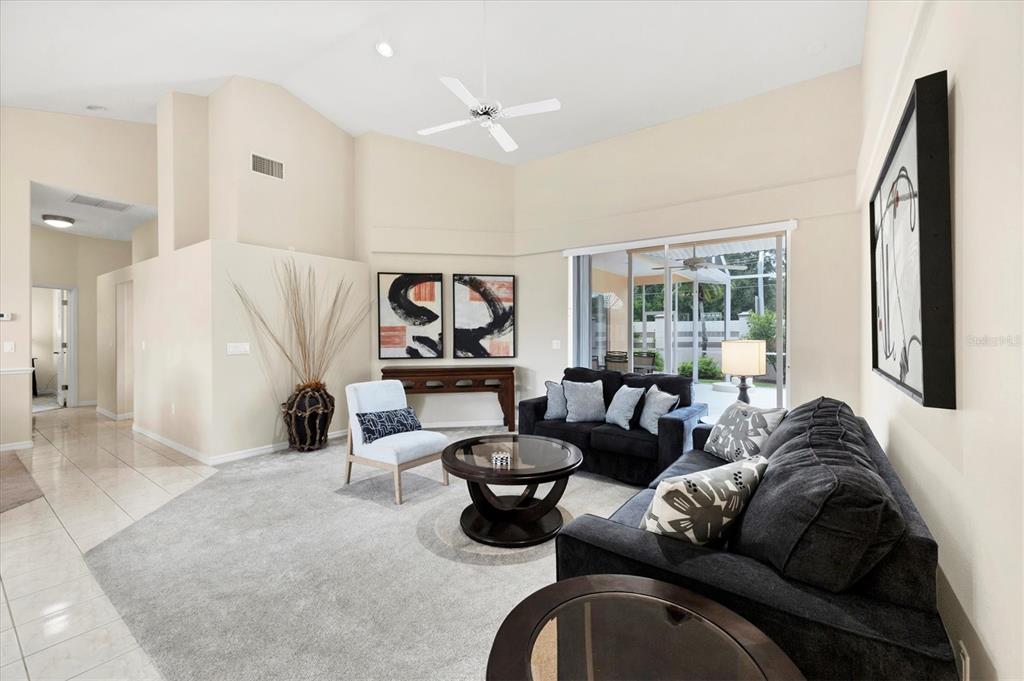 A living room features vaulted ceilings, gray carpeting, dark furniture, and a sliding glass door — 6392 WOODBIRCH PLACE, SARASOTA, FL