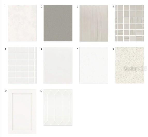 This image is a digital rendering showing ten numbered samples of interior finishes and materials — 3213 TORTA COURT, BRADENTON, FL