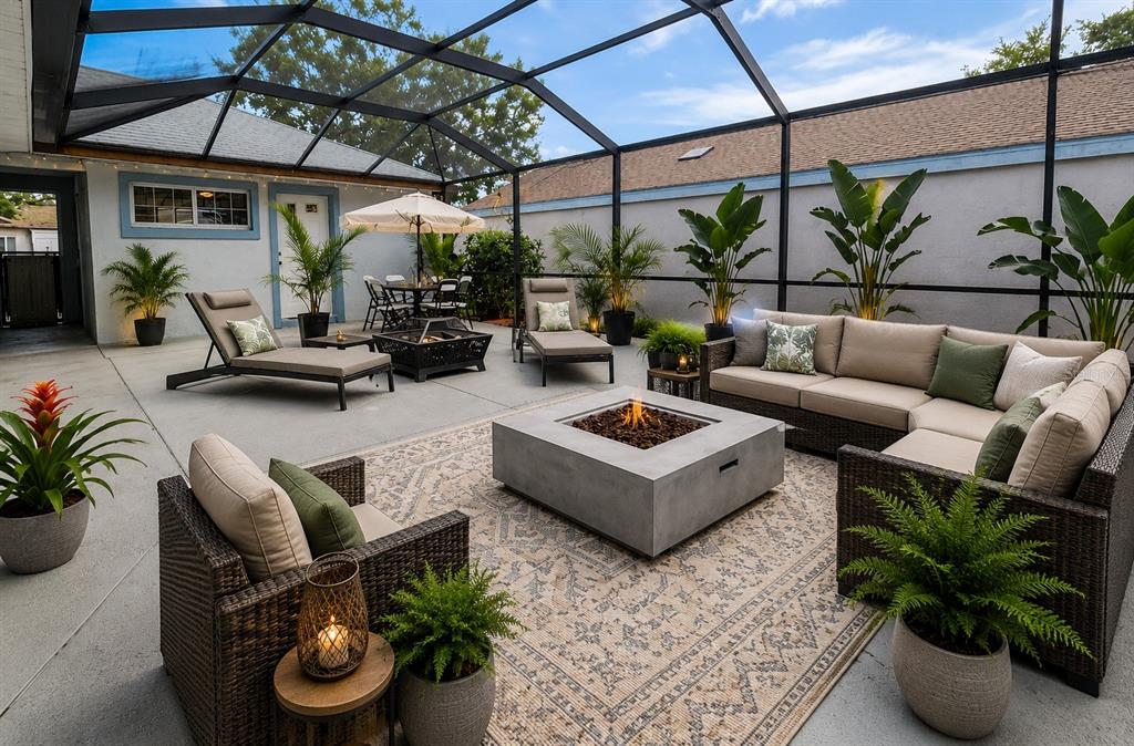 A screened-in patio features a fire pit, outdoor sectional seating, lounge chairs, and potted plants — 17736 SE 115TH COURT, SUMMERFIELD, FL