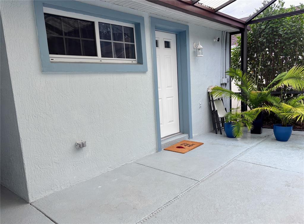 A light blue exterior wall features a window, a white door, and a concrete patio — 17736 SE 115TH COURT, SUMMERFIELD, FL