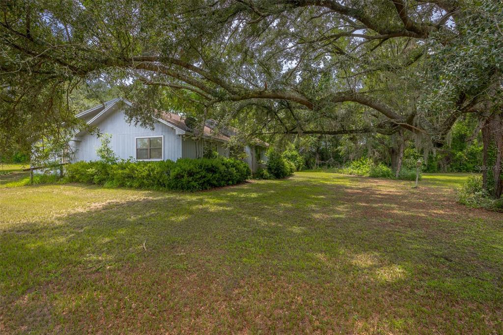 A single-story house with light-colored siding sits on a grassy lot under large oak trees — 276 SW TABERNACLE GLEN, LAKE CITY, FL