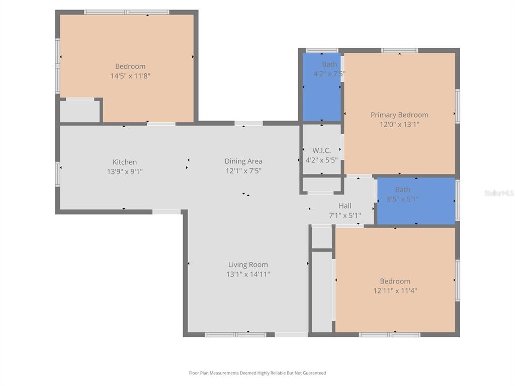 This is a floor plan showing a three-bedroom, two-bathroom home with an open living area — 9825 LAKESIDE LANE, PORT RICHEY, FL