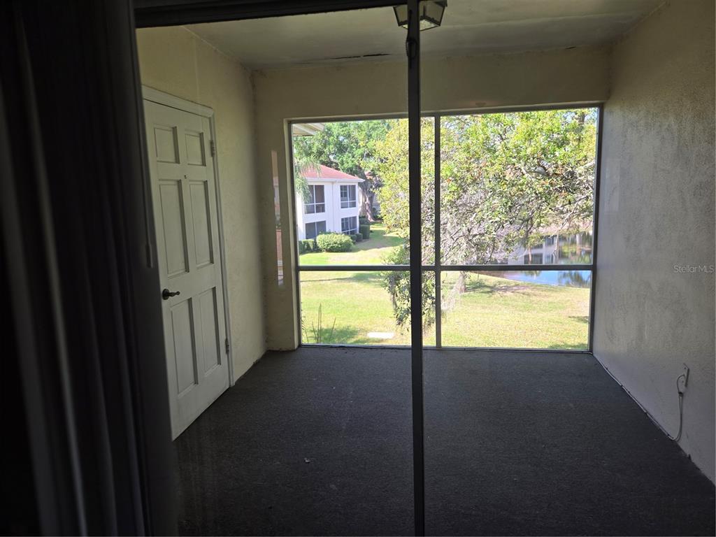 A screened-in porch with gray carpeting, a white door, and views of a grassy lawn — 10342 CARROLLWOOD LANE UNIT 168, TAMPA, FL