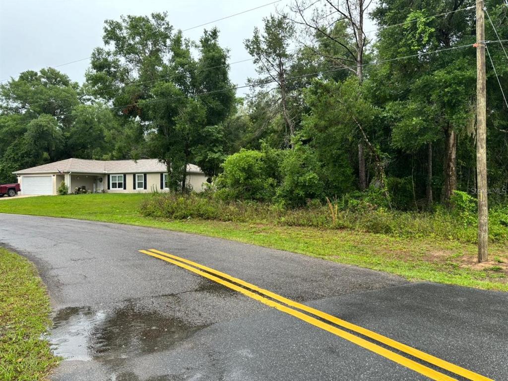 A paved road with double yellow lines runs in front of a wooded residential lot — 1 GUAVA PASS TRAIL, OCKLAWAHA, FL