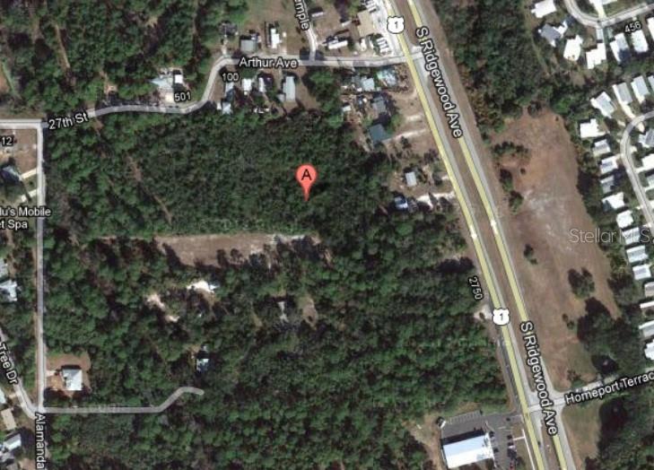 This is an aerial map view of a wooded lot marked with a red pin — 2794 S RIDGEWOOD AVENUE S, EDGEWATER, FL