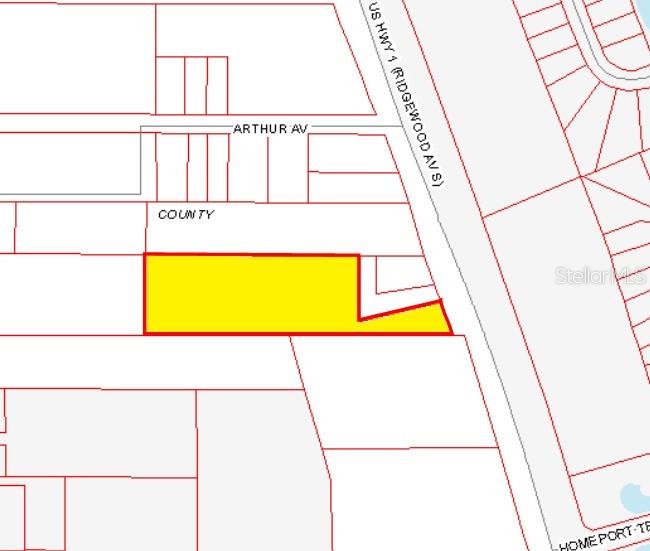 This is a property map highlighting a parcel of land in yellow — 2794 S RIDGEWOOD AVENUE S, EDGEWATER, FL