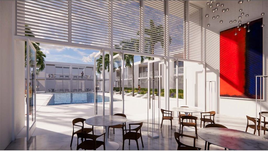 This architectural rendering shows a modern indoor dining area opening onto a pool courtyard — 424 ALBEE ROAD W UNIT 1, NOKOMIS, FL