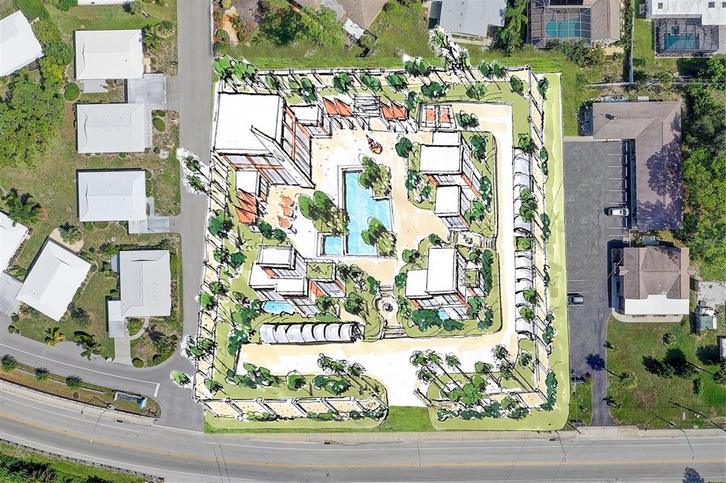 This is an architectural site plan rendering showing a proposed residential complex with a central pool — 424 ALBEE ROAD W UNIT 1, NOKOMIS, FL