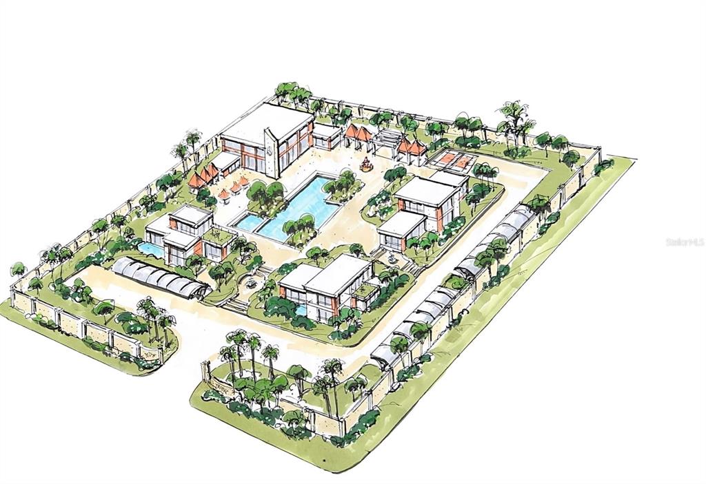 This architectural rendering shows an aerial view of a gated residential compound with multiple buildings — 424 ALBEE ROAD W UNIT 1, NOKOMIS, FL