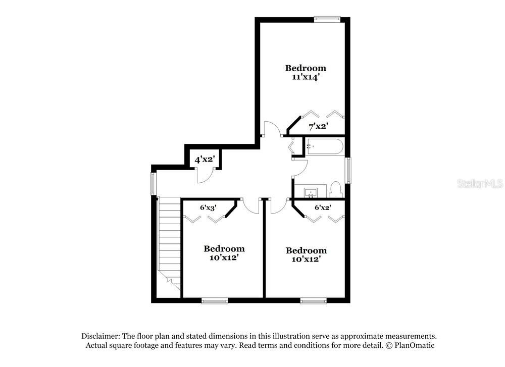 This is a floor plan showing three bedrooms, a bathroom, and a staircase — 233 BLUFF PASS DRIVE, EUSTIS, FL