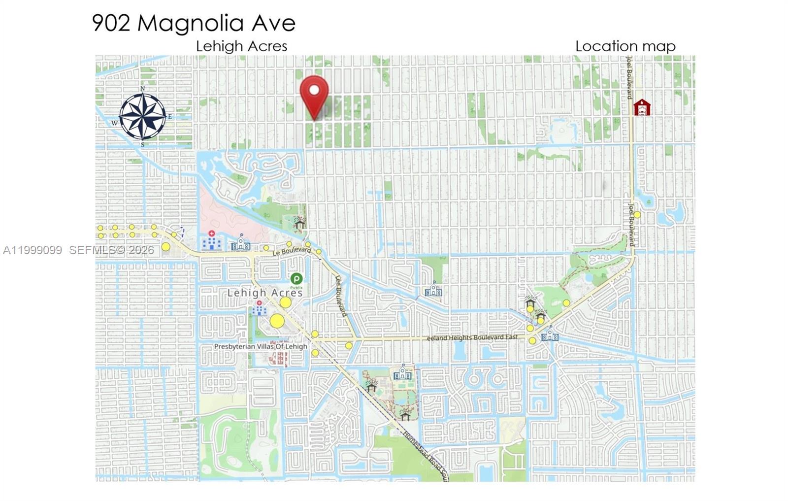 This is a location map showing the position of a property in Lehigh Acres — 902 MAGNOLIA AVE, Lehigh Acres FL 33972, LEHIGH ACRES, FL