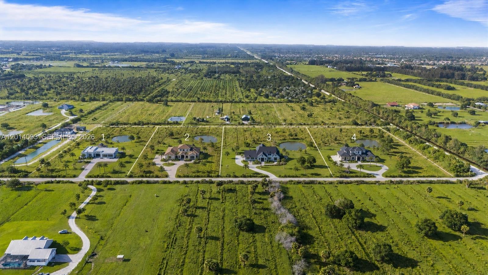 An aerial view shows four large residential properties with private ponds in a rural landscape — 21st SW & 58th Ave, Vero Beach FL 32968, VERO BEACH, FL
