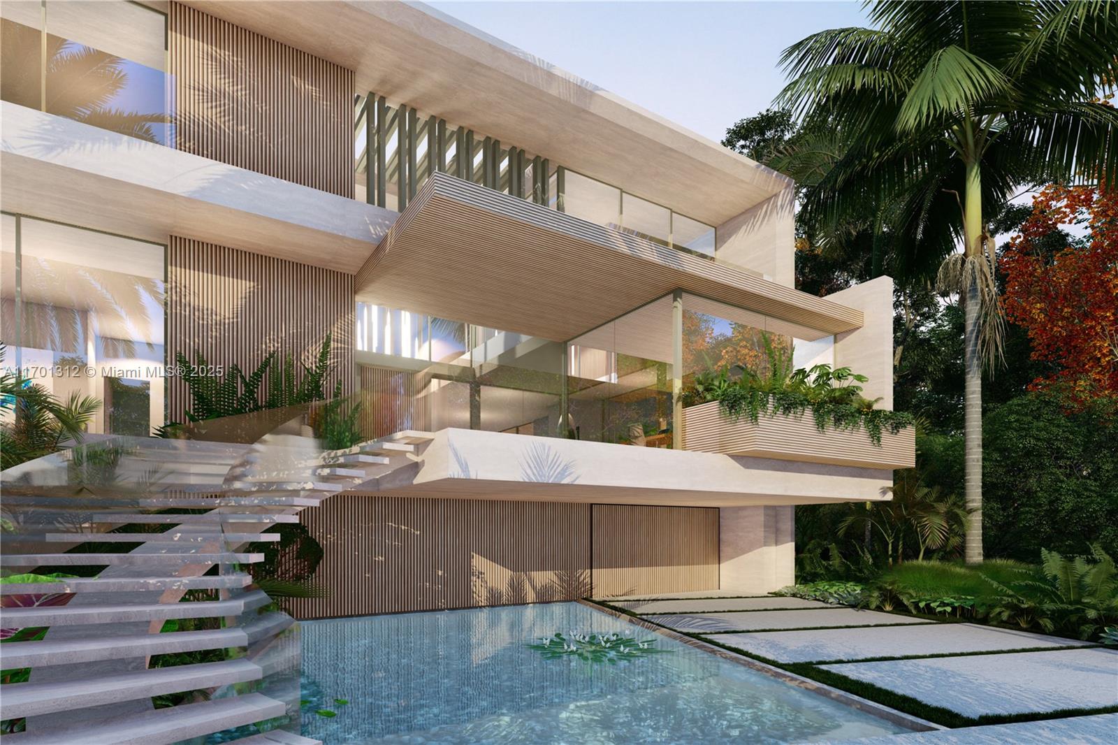 This architectural rendering shows a modern multi-story home with a pool and floating staircase — 1386 S Venetian Way, Miami FL 33139, MIAMI, FL