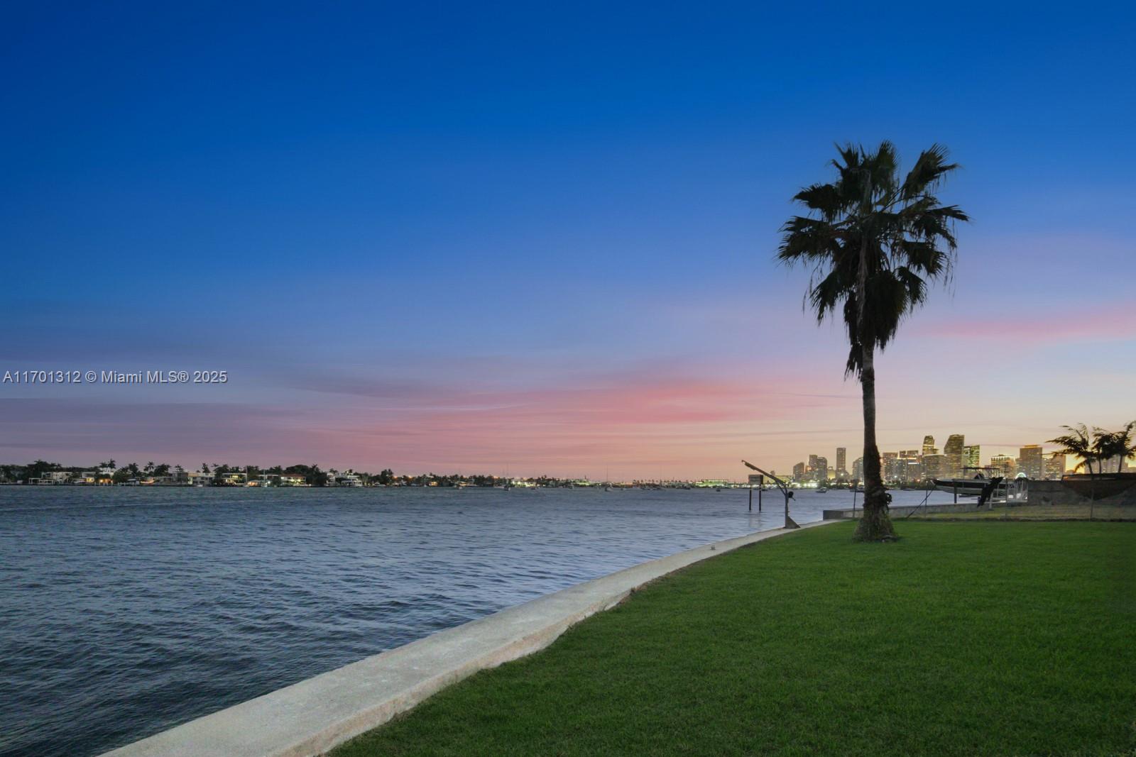 A grassy lawn borders a waterfront seawall with a palm tree and distant city skyline — 1386 S Venetian Way, Miami FL 33139, MIAMI, FL