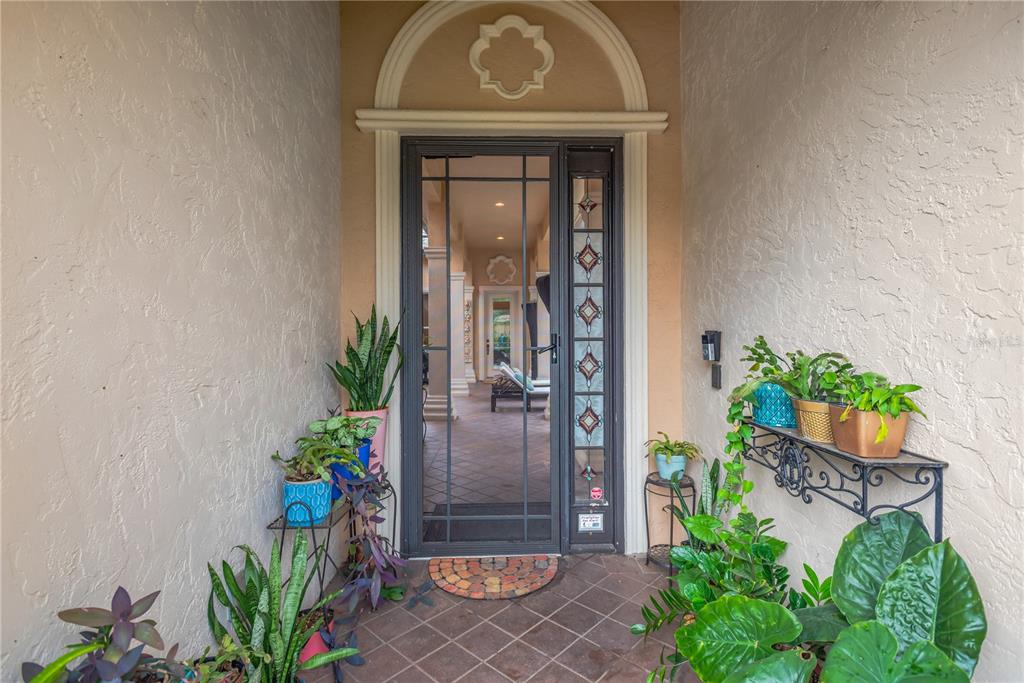 A front entryway with a glass storm door, tiled floor, and various potted plants — 1034 W SKYVIEW LANDINGS DRIVE, HERNANDO, FL