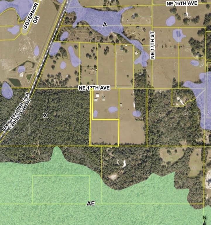 This is a map showing property boundaries overlaid on an aerial view with flood zones — 1613 NE 12TH AVENUE, SUMTERVILLE, FL