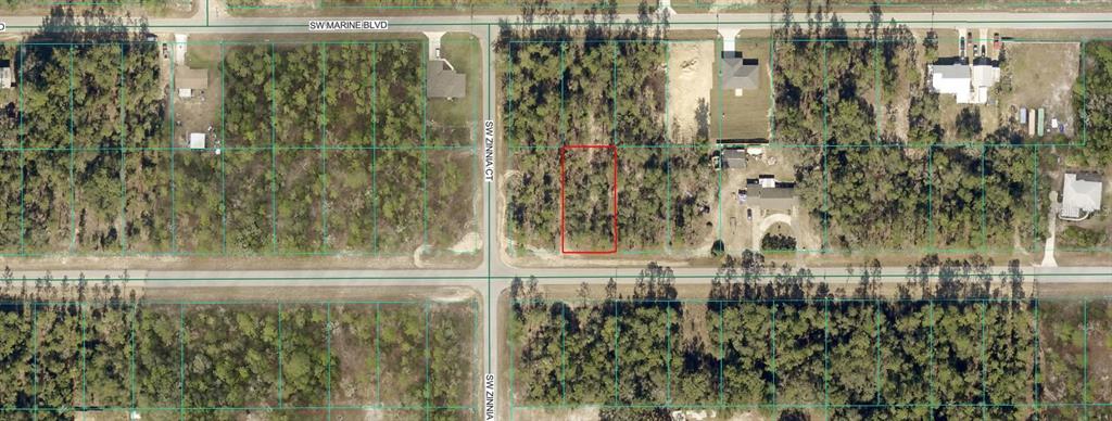 An aerial view shows a rectangular vacant lot outlined in red within a wooded neighborhood — 00 SW RAINBOW LAKES BOULEVARD, DUNNELLON, FL