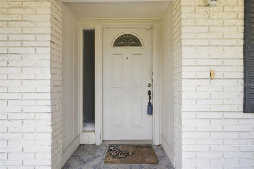 A white front door with a sidelight is framed by white painted brick walls — 1606 LARK LANE, BRANDON, FL