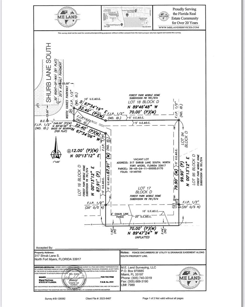 This is a land survey map for a residential lot in North Fort Myers, Florida — 317 S Shrub Ln Lane S, FL 33917, FL