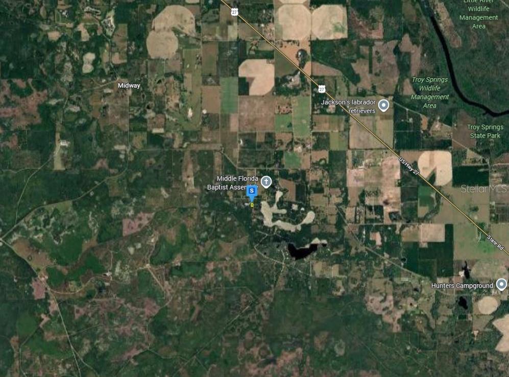 This is an aerial map view showing rural land, roads, and local landmarks in Florida — 160 SE ISLAND DRIVE, BRANFORD, FL